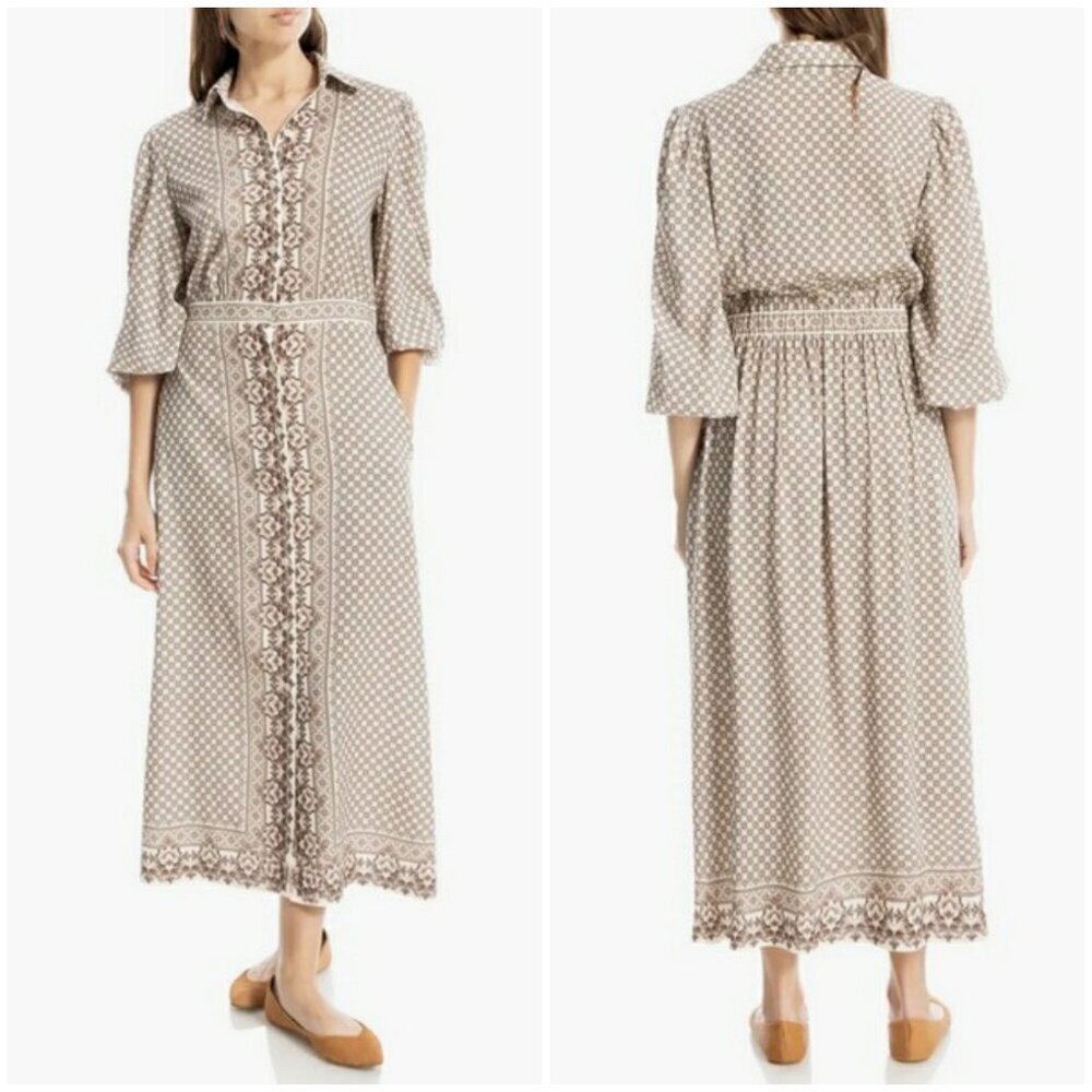 💕MAX STUDIO💕 Embroidered Shirtdress ~ Sepia Magnolia Curly Grid Medium M NWT